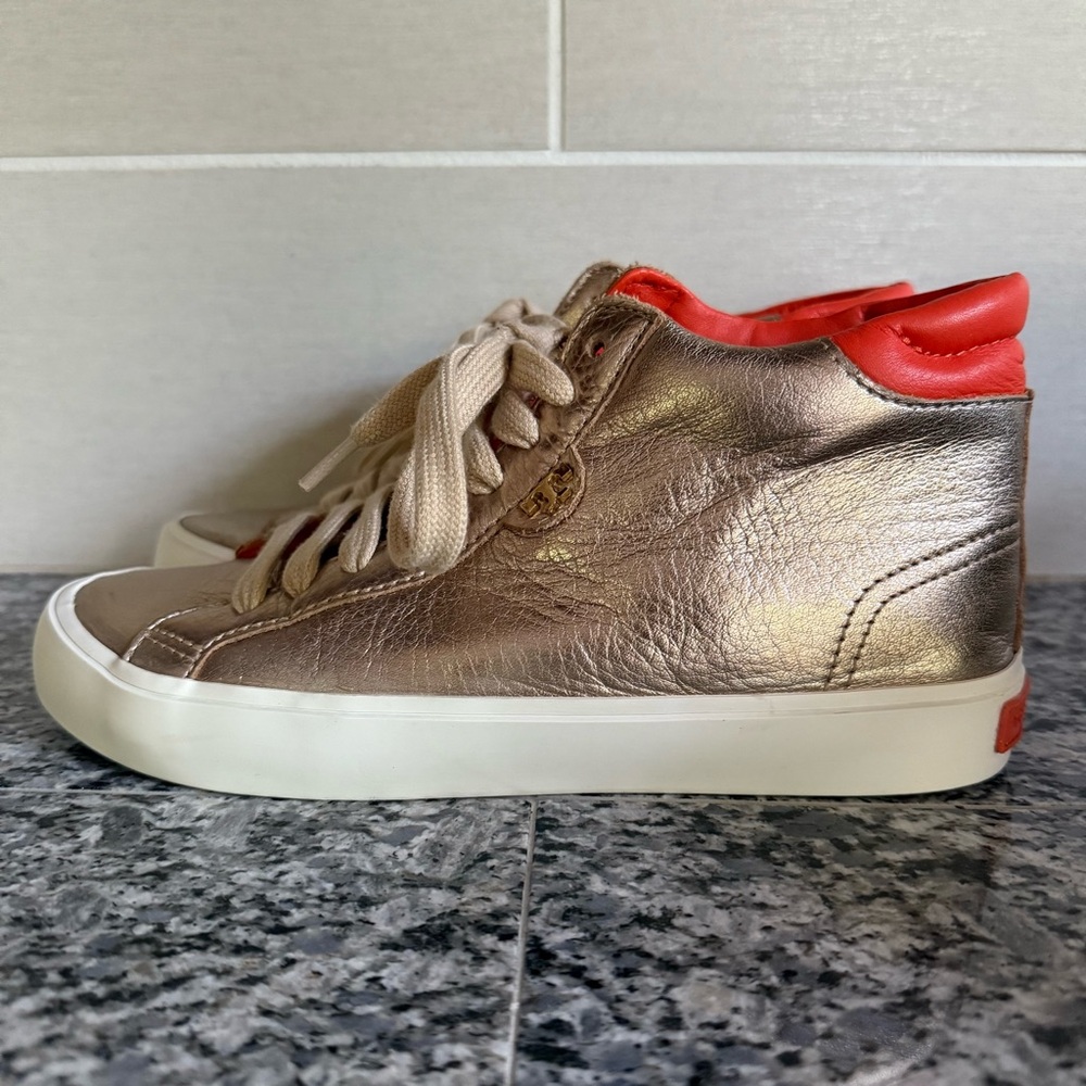 Tory Burch Metallic Gold Leather High Top Sneaker Women's
Size 6 M